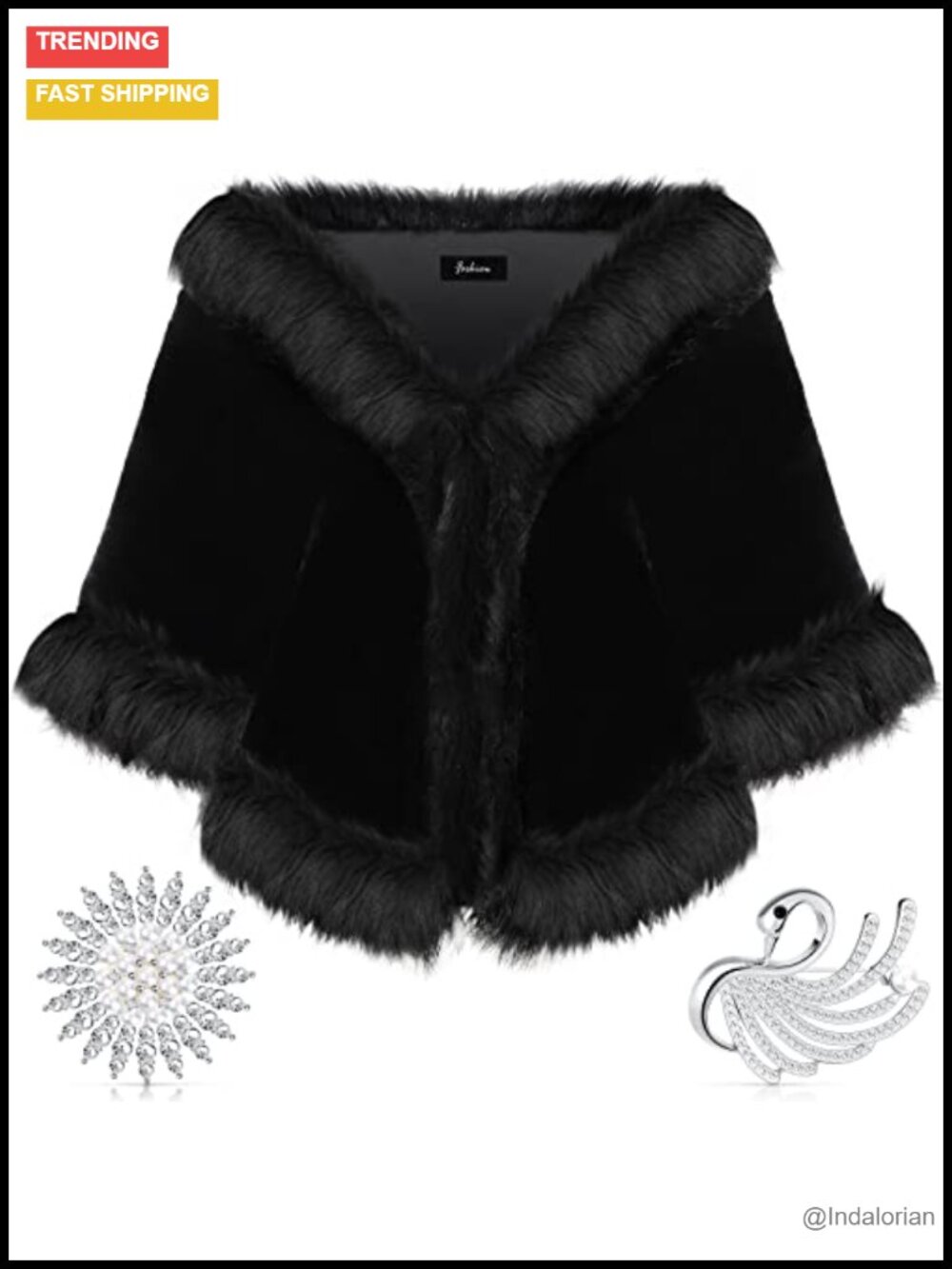 Faux Fur Shawl Wrap with Rhinestone Brooches